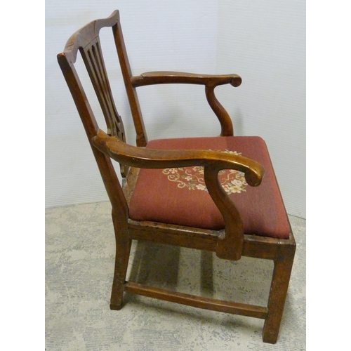 548 - George III fruitwood carver armchair, with pierced splat, scroll armrests, later floral upholstered ... 