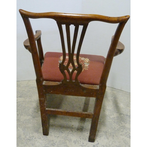 548 - George III fruitwood carver armchair, with pierced splat, scroll armrests, later floral upholstered ... 