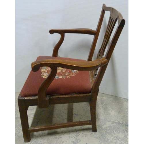 548 - George III fruitwood carver armchair, with pierced splat, scroll armrests, later floral upholstered ... 