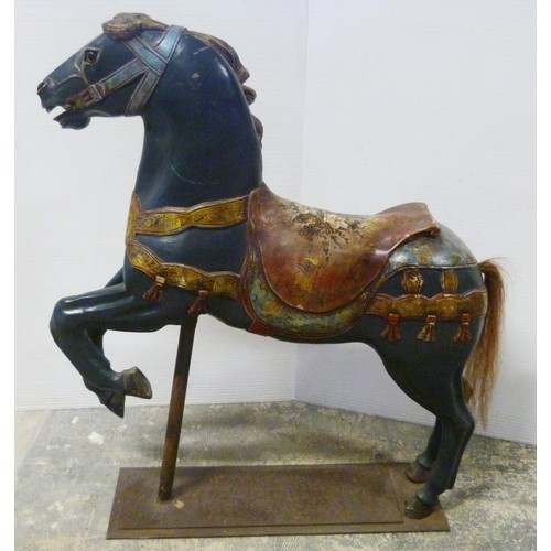 345 - Fairground carousel painted wood horse, with horsehair tail, on cast iron pole and plinth stand, 112... 