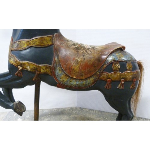 345 - Fairground carousel painted wood horse, with horsehair tail, on cast iron pole and plinth stand, 112... 