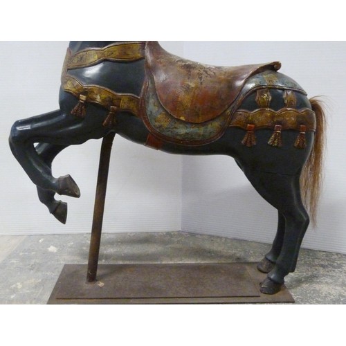 345 - Fairground carousel painted wood horse, with horsehair tail, on cast iron pole and plinth stand, 112... 