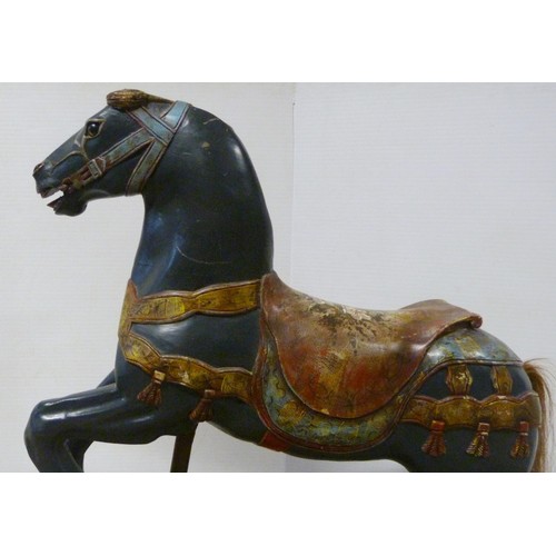 345 - Fairground carousel painted wood horse, with horsehair tail, on cast iron pole and plinth stand, 112... 