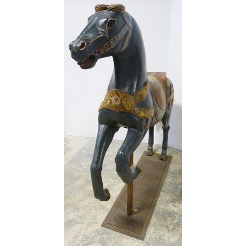 345 - Fairground carousel painted wood horse, with horsehair tail, on cast iron pole and plinth stand, 112... 