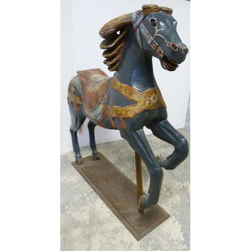 345 - Fairground carousel painted wood horse, with horsehair tail, on cast iron pole and plinth stand, 112... 