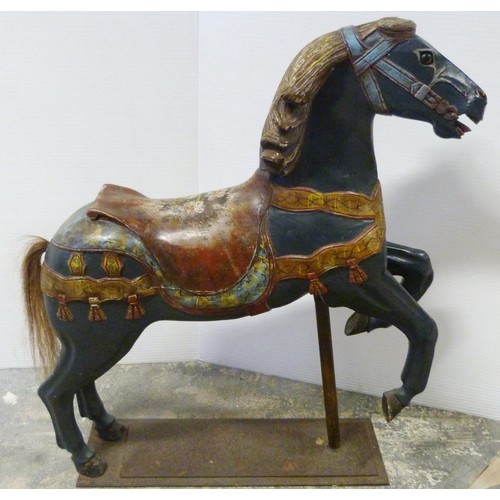 345 - Fairground carousel painted wood horse, with horsehair tail, on cast iron pole and plinth stand, 112... 