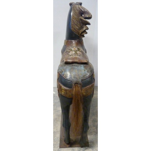 345 - Fairground carousel painted wood horse, with horsehair tail, on cast iron pole and plinth stand, 112... 