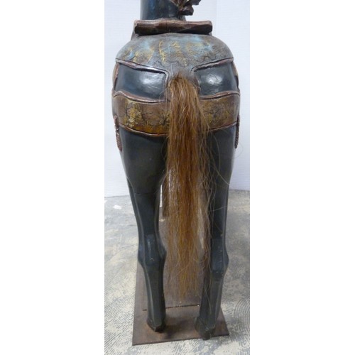 345 - Fairground carousel painted wood horse, with horsehair tail, on cast iron pole and plinth stand, 112... 