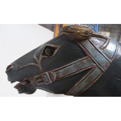 345 - Fairground carousel painted wood horse, with horsehair tail, on cast iron pole and plinth stand, 112... 