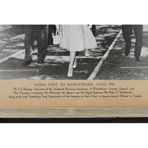 458 - Framed photograph of Queen Elizabeth II's visit to Midlothian June 1961, 29cm x 37cm, frame 45cm x 5... 