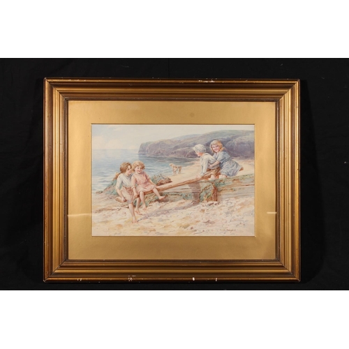 469 - MAUD HOLLYER, children playing see-saw on a beach, watercolour, signed lower right, 25cm x 36cm, fra... 