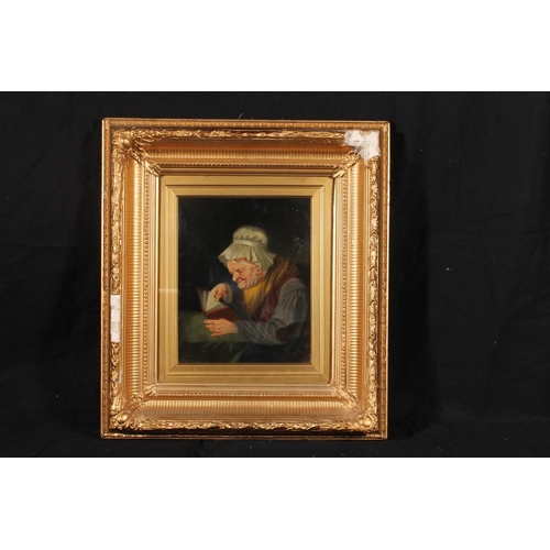 490 - 19TH CENTURY SCHOOL, half length portrait of a lady reading, oil painting, unsigned, 25cm x 20cm, gi... 