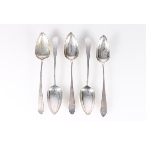 536 - Set of five Georgian Scottish silver dessert spoons with lanceolate terminals by Robert Keay I, Edin... 