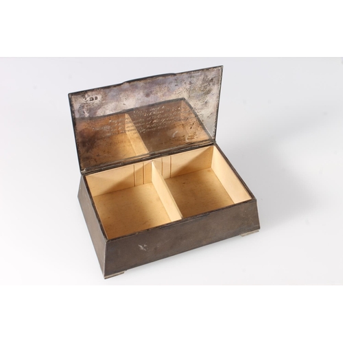 558 - Art Deco silver table cigarette box, wood lined with presentation inscription to underside of the li... 