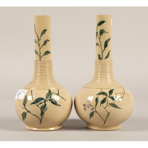 17 - Pair stem vases with green leaf design, 22cm high