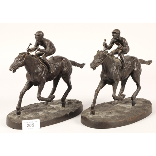 205 - After Pierre-Jules Mene, pair bronze jockey and horse figures, each base 22cm long, 21cm h, signed M... 