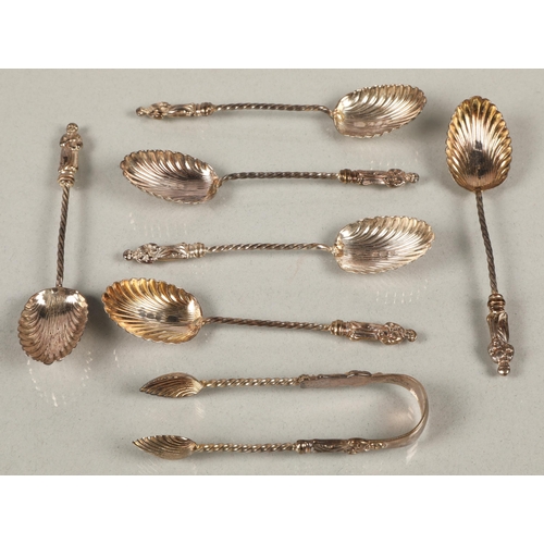 214 - Set of six silver apostle spoons with tongs, Birmingham 1900, 51g