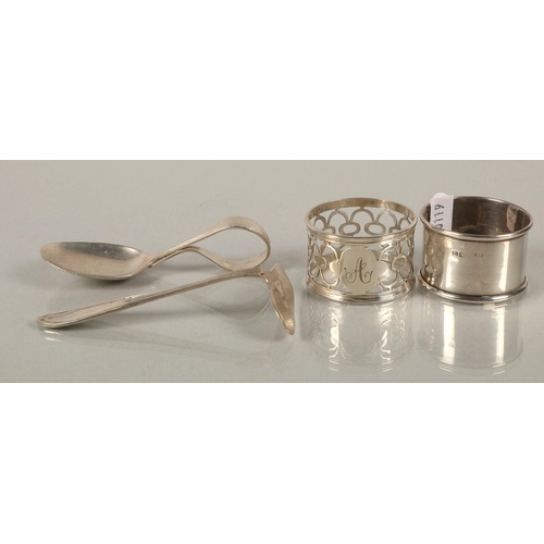 219 - Silver napkin ring and another white metal in fitted case, with cased hallmarked silver baby cutlery... 