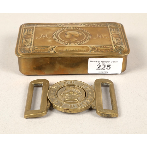 225 - WWI brass soldier's Christmas box & British army Dieu Et Mon Droit brass belt buckle