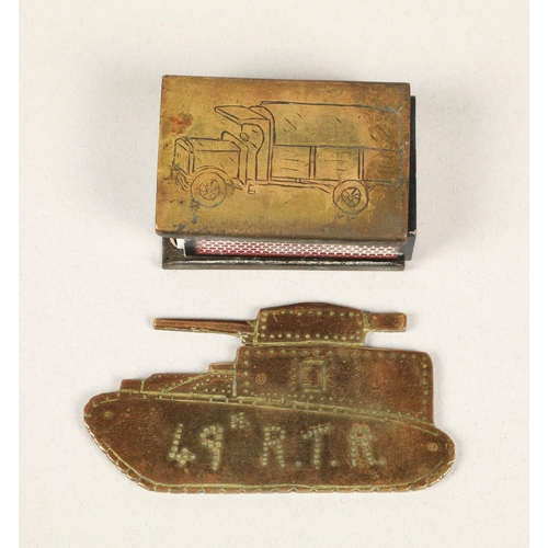 226 - Brass trench art tank 49th Royal Tank Regiment & matchbox holder 'French Fired at Soissons'