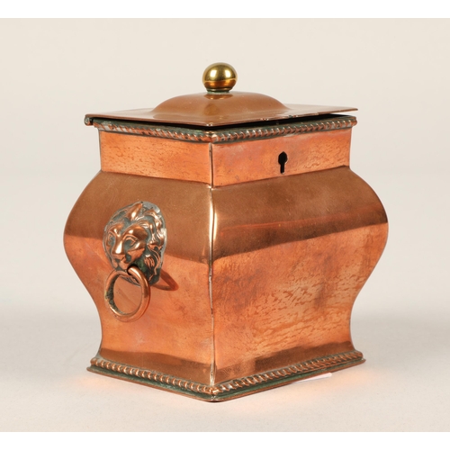 227 - Small copper tea caddy with lion head handles