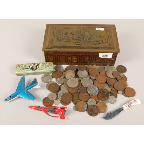 236 - Brass biscuit box with assorted British coins, vintage Thunderbirds vehicles, etc