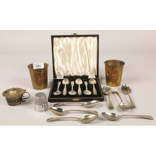 240 - Boxed EPNS teaspoons, other teaspoons and two brass cups