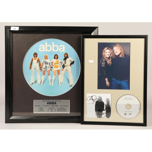 33 - Framed Abba picture disc with signed Robert Plant & Alison Krauss photograph and CD