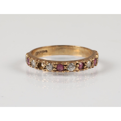 61 - 9ct gold half eternity ring set with alternating pink and white gems, ring size M, 1.8g