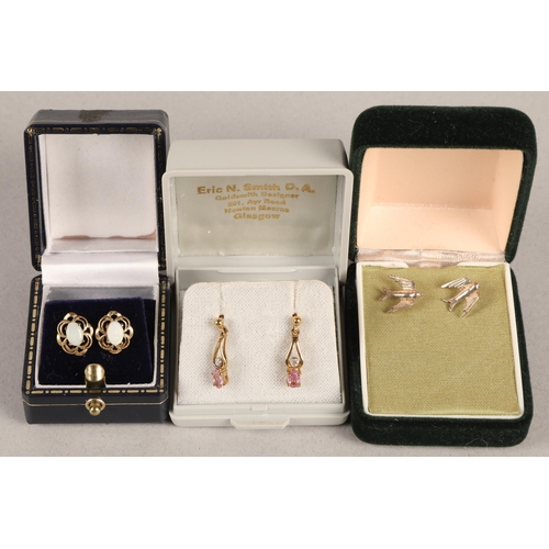 67 - Pair 9ct gold earrings set with white and pink gems, another pair yellow metal set with mosaic opal ... 