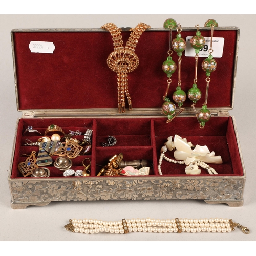 69 - White metal jewellery box containing jewellery to include earrings, rings, necklaces, some silver, g... 