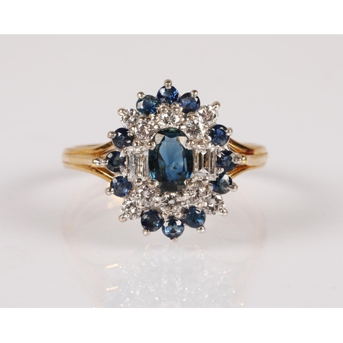 85 - 18ct gold ring set with a tiered cluster of diamonds and sapphires, 4.9g, ring size O/P