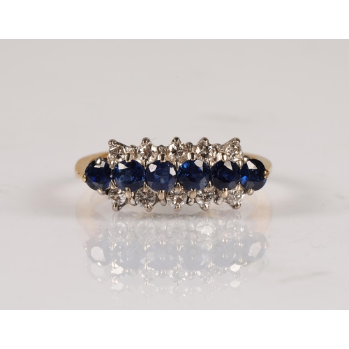 86 - 18ct gold ring set with two rows of diamonds and a central row of sapphires, 4g, ring size L/M