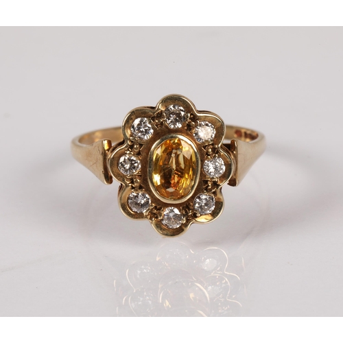 88 - 9ct gold daisy cluster ring set with a central citrine gemstone surrounded by diamonds, ring size N,... 