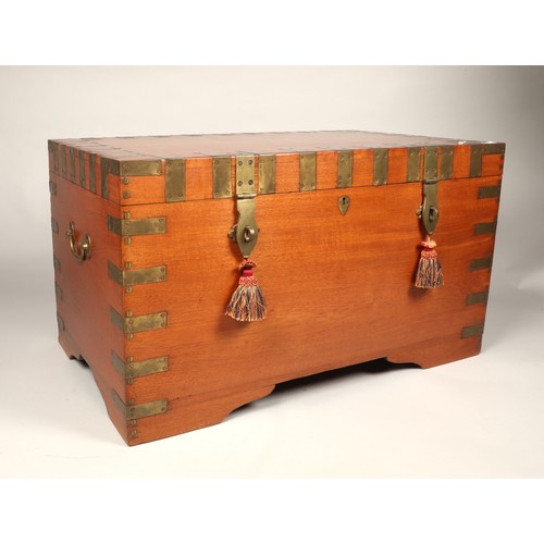 592 - Large brass bound storage trunk with internal carved Eastern-style storage compartments, H 58.5cm, W... 