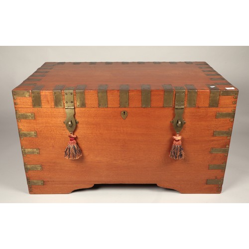 592 - Large brass bound storage trunk with internal carved Eastern-style storage compartments, H 58.5cm, W... 