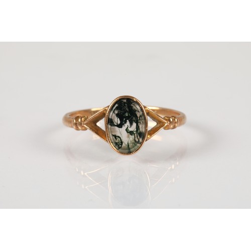 71 - 9ct gold ring set with moss agate gemstone, ring size M, and a white metal pin badge set with an ora... 