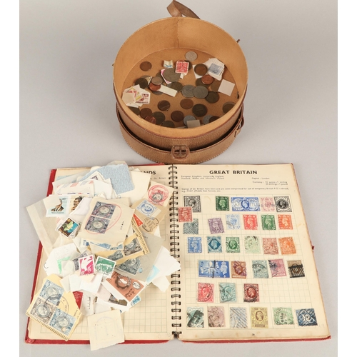 195 - World stamp album with assorted loose stamps and European coins