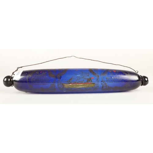 196 - Bristol blue glass rolling pin, printed with nautical design and poem