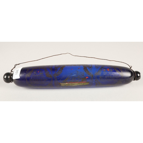 196 - Bristol blue glass rolling pin, printed with nautical design and poem