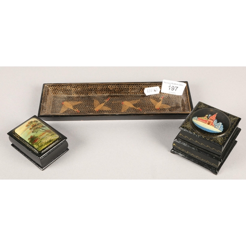 197 - Two hand painted Russian lacquered boxes and an Oriental lacquered tray (3)