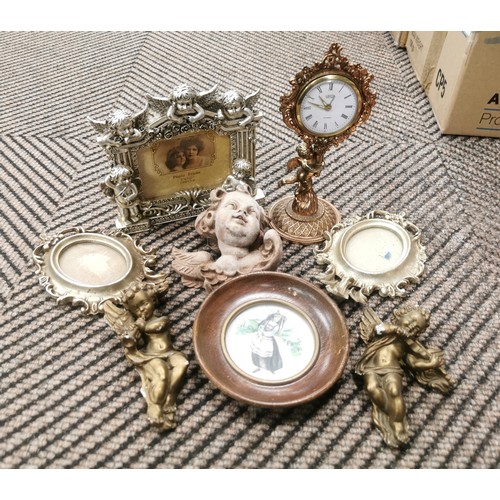 188 - Cherub decor and frames, clock, etc