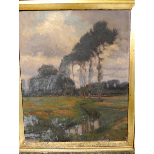 341 - Charles Henry Harrison Burleigh (1869-1956).Riverbank scene with grazing cattle.Oil on canvas.In gil... 