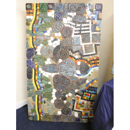 370 - Paul B Hardcastle. Abstract ceramic mosaic wall panel having stylised spirals and Celtic triskelion ... 