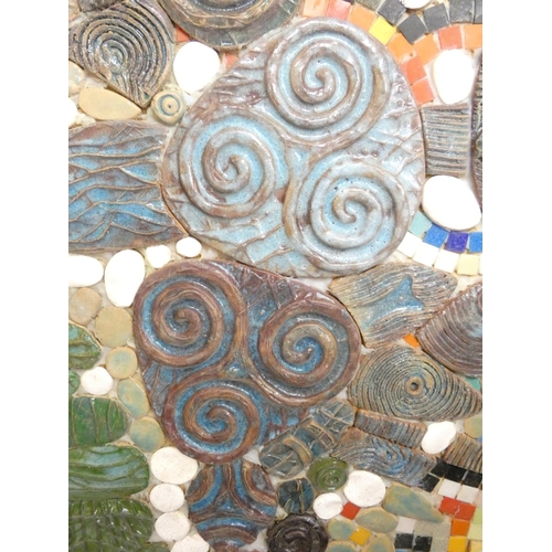 370 - Paul B Hardcastle. Abstract ceramic mosaic wall panel having stylised spirals and Celtic triskelion ... 