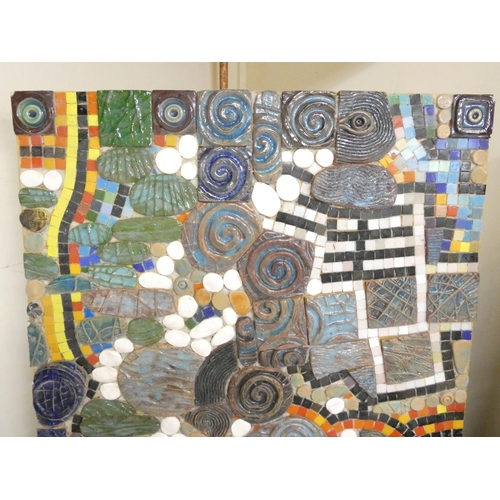 370 - Paul B Hardcastle. Abstract ceramic mosaic wall panel having stylised spirals and Celtic triskelion ... 