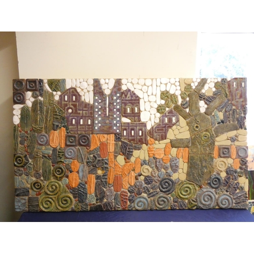 373 - Paul B Hardcastle. Abstract ceramic mosaic wall panel of a stylised town scene having applied spiral... 