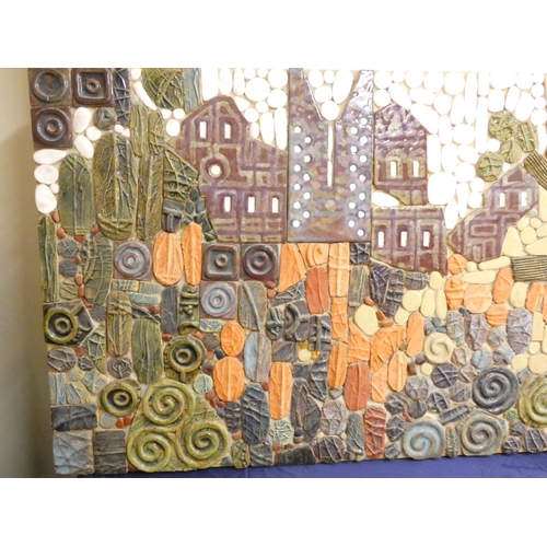 373 - Paul B Hardcastle. Abstract ceramic mosaic wall panel of a stylised town scene having applied spiral... 