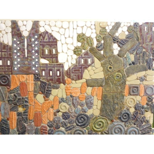 373 - Paul B Hardcastle. Abstract ceramic mosaic wall panel of a stylised town scene having applied spiral... 