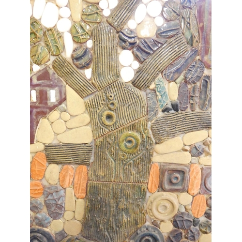 373 - Paul B Hardcastle. Abstract ceramic mosaic wall panel of a stylised town scene having applied spiral... 